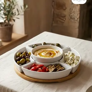 سرفيس رويال ألفريدو بورسلين أبيض – 5 قطع دائرية مع قاعدة خشبية